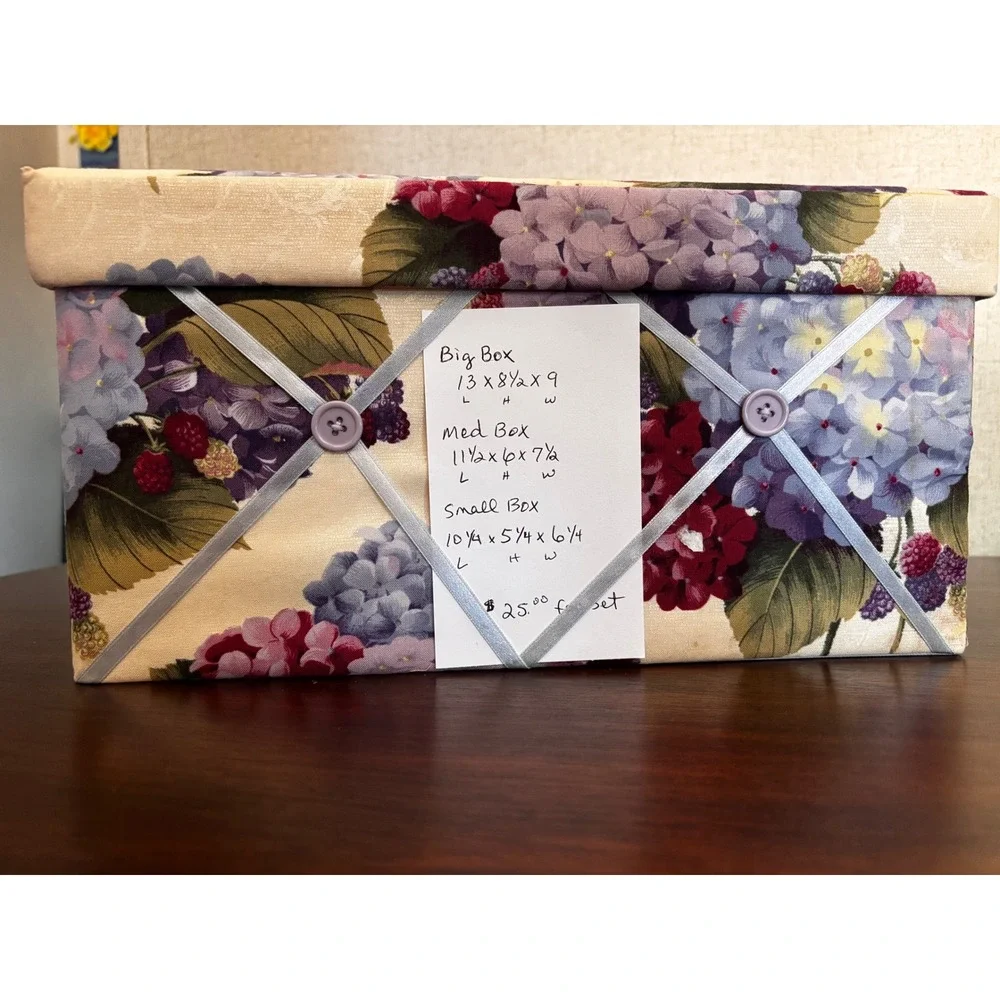 Floral Hydrangea Fabric Nesting Storage Boxes with Lids Set of 3 Purple Cream